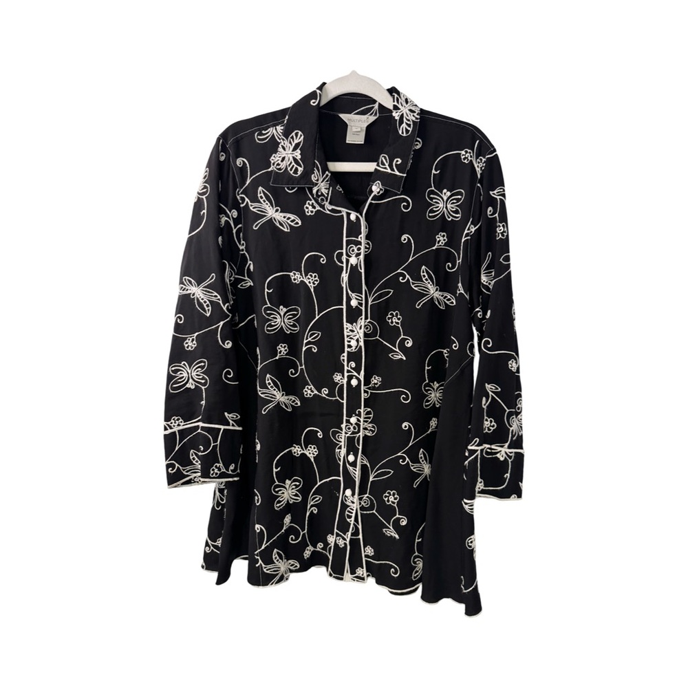 Womens Multiples Black/White Embroidered 3/4 Sleeve Tunic Artsy Comfort